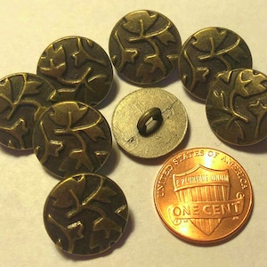 Lot of 8 Antiqued Brass Tone Metal Shank Buttons Almost 5/8&quot; 15.5mm Leaves Floral 9557