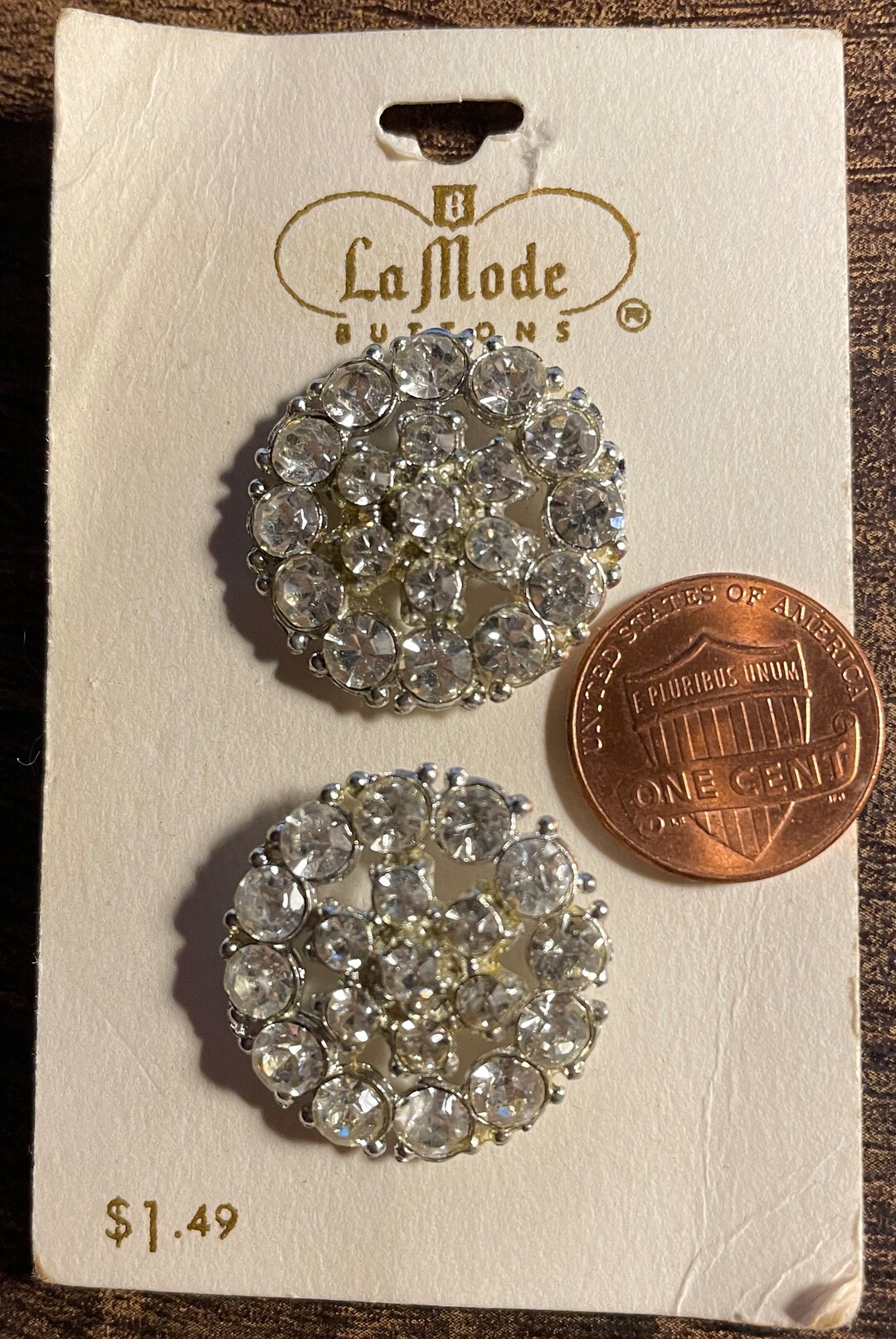 2 La Mode Vintage NOS on Card Slightly Domed Clear Rhinestone Silver ...