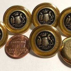 Set of 6 Beautiful Vintage Gold Tone Metal Shank Buttons Heraldic Crest Crown Eagle Under VERY VERY Slight Clear Resin Dome 23mm 7/8&quot; 12390