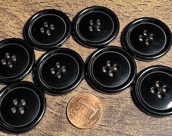 Set of 8 Vintage NOS Rimmed Glossy Black 4-hole Sew-through Plastic Buttons 28mm 1&1/8" 15896