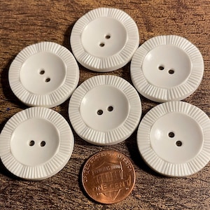 Set of 6 Vintage NOS Beautiful Glossy White 2-hole Sew-through Plastic Buttons 27mm 1&1/16&quot; 16022
