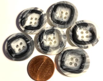 Set of 6 Vintage NOS Rimmed White Gray Black 4-hole Sew-through Plastic Buttons 21.5mm Almost 7/8" 15889