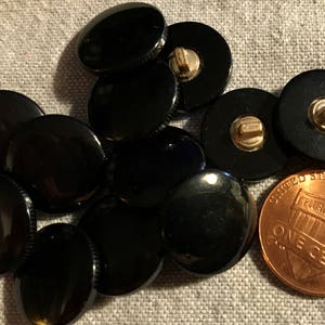 12 Shiny Very Slightly Domed Black Plastic Shank Buttons 15.2mm Almost 5/8&quot; 8297