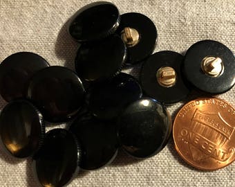 12 Shiny Very Slightly Domed Black Plastic Shank Buttons 15.2mm Almost 5/8" 8297