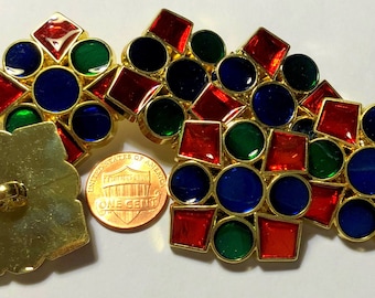 6 botones grandes de plástico cuadrados, brillantes, pulidos, dorados, rojos, verdes y azules, de poco más de 1 1/4" (32,5 mm), 3599