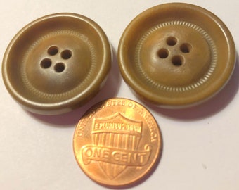 2 Vintage Retro Large Rimmed Light Brown Sew-through 4-hole Plastic Buttons 26.3mm Just Over 1" # 10855