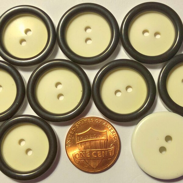 Lot of 9 Rimmed Dark Brown & Cream Plastic Sew-through Buttons 7/8" 22.5mm # 10238