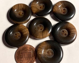 Set of 7 Vintage NOS Thick Wide Rimmed Glossy Brown Tan Swirl 2-hole Sew-through Plastic Buttons 23mm 7/8" 15904