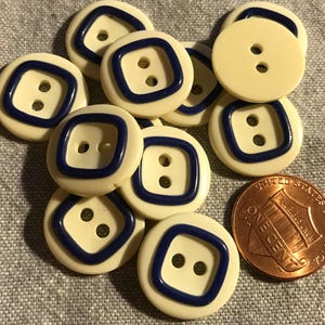 12 Cream & Navy Blue Plastic See-through Buttons 18mm 11/16&quot; # 8294