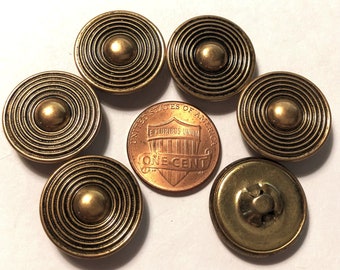 Set of 6 Vintage New Old Stock Hollow Antique Brass Tone Metal Shank Buttons Domed Center 2-piece Construction 19mm 3/4" 11268