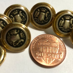 Set of 7 Vintage Gold Tone Metal Shank Buttons Heraldic Crest Crown Eagle Under VERY VERY Slight Clear Resin Dome 15mm Almost 5/8&quot; 12392