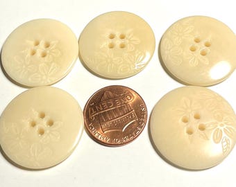 Set of 5 Vintage NOS Glossy Yellowish Ivory 4-hole Sew-through Corozo Tagua Nut Buttons Recessed Flower Floral Design 25mm Almost 1" 15946
