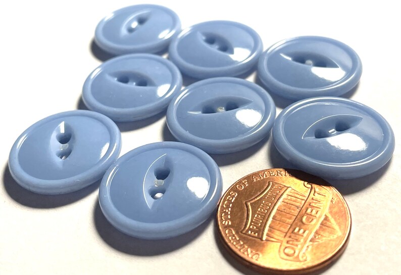 Set of 8 Vintage Rimmed Glossy Pale Blue 2-hole Sew-through Cat Eye Plastic Buttons 3/4 19mm 14821 image 2