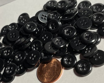 Lot of 12 Small Rimmed Glossy Black Plastic 4-hole Sew-through Buttons 7/16" 11mm 12937