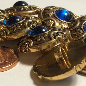 Set of 8 Beautiful Vintage Domed Antique Gold & Sapphire Blue Cabochon Metallized Electroplated Plastic Shank Buttons 21mm 13/16 12594 image 3