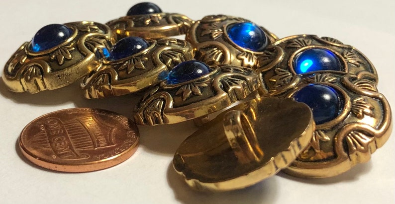 Set of 8 Beautiful Vintage Domed Antique Gold & Sapphire Blue Cabochon Metallized Electroplated Plastic Shank Buttons 21mm 13/16 12594 image 3