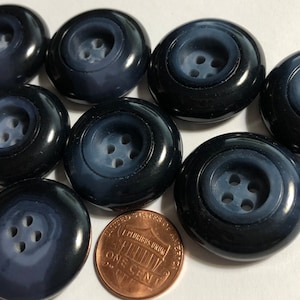 Set of 8 Vintage Large Thick Recessed Center Dark Navy Blue Plastic Sew-through Coat Buttons Just Over 1 1/16&quot; 27.5mm & 3/8&quot; 9mm Thick 12387