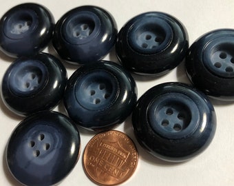 Set of 8 Vintage Large Thick Recessed Center Dark Navy Blue Plastic Sew-through Coat Buttons Just Over 1 1/16" 27.5mm & 3/8" 9mm Thick 12387