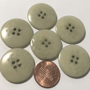 6 Vintage Glossy Muted Green 4-hole Sew-through Corozo Tagua Nut Buttons Carved Flower Floral Design 24mm 15/16&quot; 11376