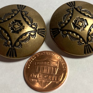 TWO Vintage Waterbury Large Domed Antique Brass Tone Metal Shank Buttons Southwestern Hollow Puffed 2-piece Construction 28mm 1 1/8" 13315