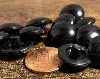 Set of 12 Vintage NOS Slightly Domed Glossy Shiny Black Plastic Shank Buttons 5/8" 15.5mm 16107