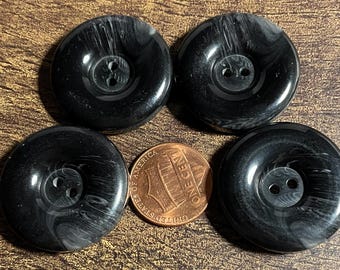 Set of 4 Vintage NOS Thick Wide Rimmed Glossy Black Gray Swirl 2-hole Sew-through Plastic Buttons 28mm 1&1/8" 15912