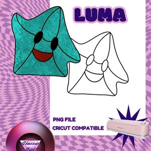 May include: A digital graphic file featuring a teal star-shaped character with black eyes and a red mouth, alongside a black and white line art version. The text reads LUMA, PNG FILE, and CRICUT COMPATIBLE. A pink electronic cutting machine is shown.