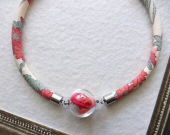 Coral red choker necklace made with Kimono and Venetian glass and mixed-color feathers.