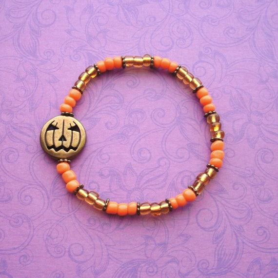 Pumpkin and matte bead stretch bracelet medium with pumpkin earring set