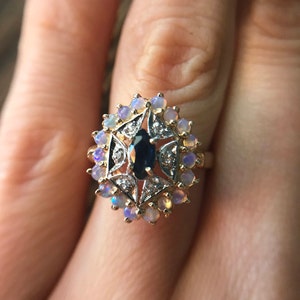 Vintage 14K Yellow Gold Opal, Sapphire, and Diamond Shield Ring - Size 6.75