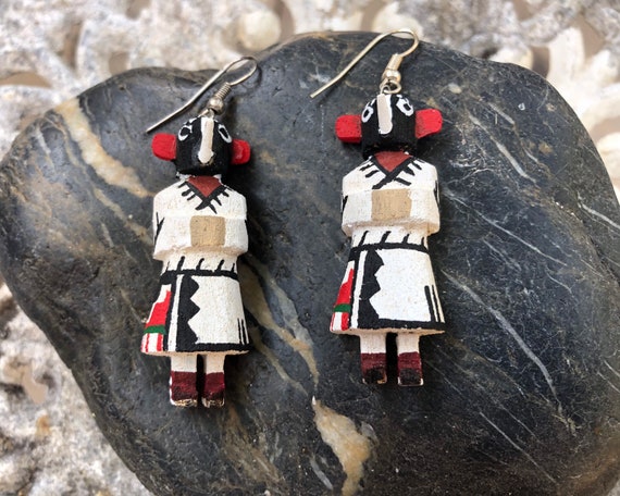 EARRINGS HOPI Kokopeili Katchina Doll Wild Cotton… - image 1