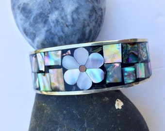 CUFF ABALONE Shell Mexican Vintage Alpaca Flower Nickle Silver