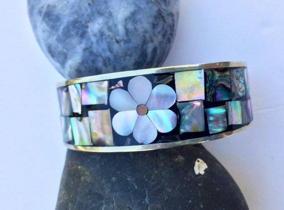 CUFF ABALONE Shell Mexican Vintage Alpaca Flower Nickle Silver