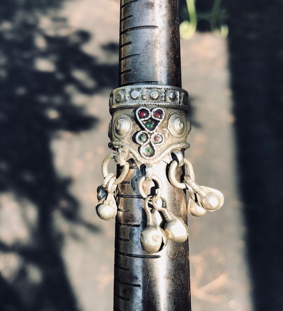 RING TIBETAN Silver Ruby Emerald Bell Vintage ban… - image 1