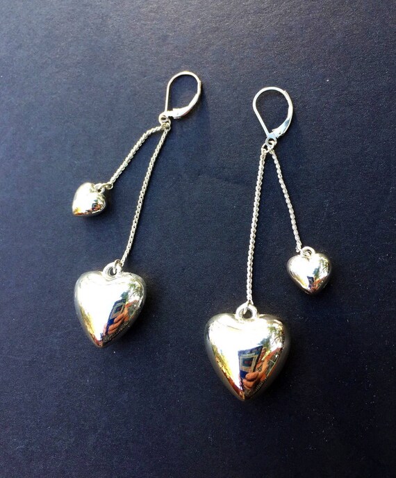 HEART EARRINGS Sterling Silver Double Puffy Drops - image 1