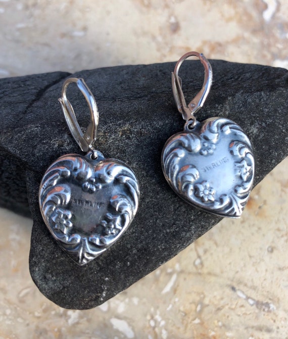 HEART EARRINGS Flowered Embossed Sterling Silver … - image 3