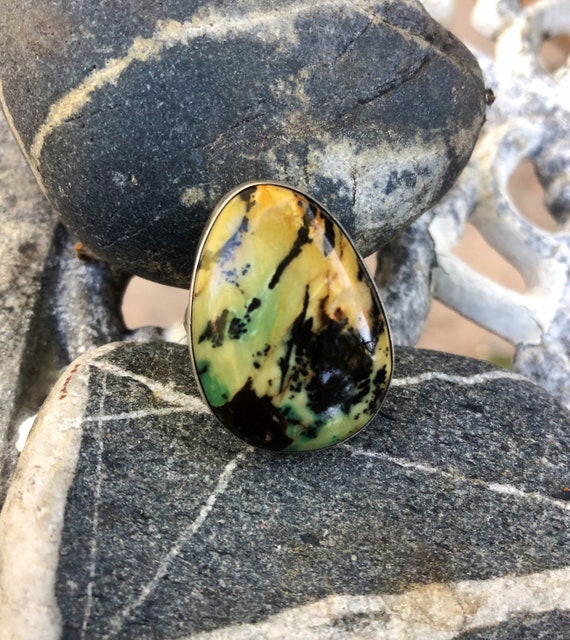 RING JASPER Green, Black, Yellow, Sterling Silver… - image 1