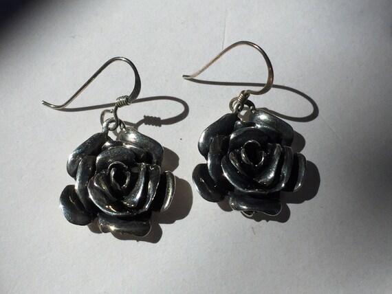 EARRINGS ROSE Flower Sterling Silver Drop - image 5