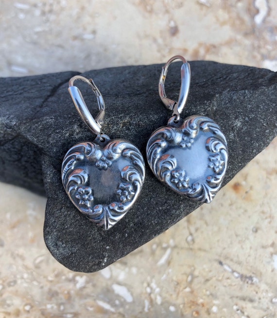 HEART EARRINGS Flowered Embossed Sterling Silver … - image 2