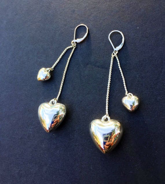 HEART EARRINGS Sterling Silver Double Puffy Drops - image 3