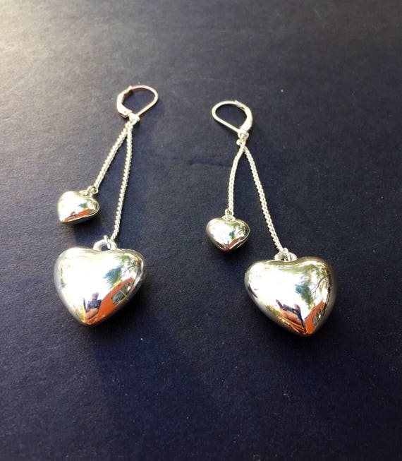 HEART EARRINGS Sterling Silver Double Puffy Drops - image 2