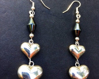 HEART EARRINGS Hematite Sterling Silver Double Drops