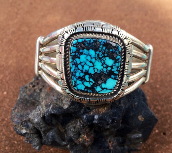 Midnight Space Kachina Turquoise Gaspeite Navajo Sterling Native American Jewelry Silver Bracelet Midnight Space Kachina Turquoise Gaspeite Navajo Sterling Native American Jewelry Silver Bracelet
