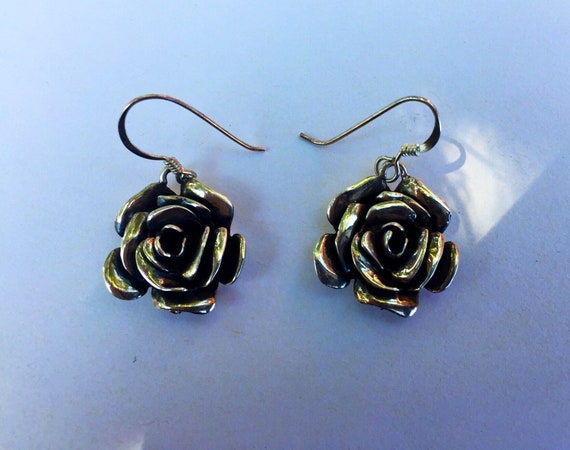 EARRINGS ROSE Flower Sterling Silver Drop - image 1