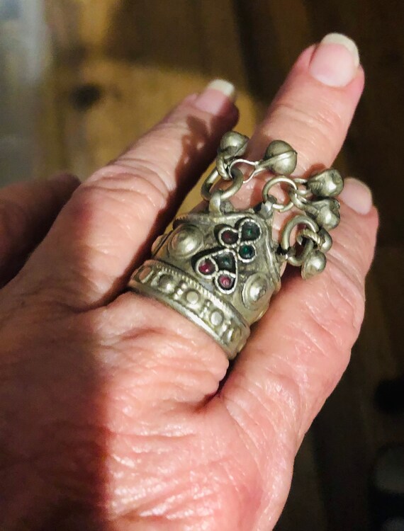 RING TIBETAN Silver Ruby Emerald Bell Vintage ban… - image 9