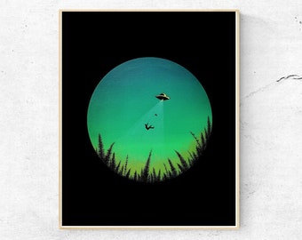 Round Art Print, UFO With Cat Art Print, Space Ship Artwork, Alien Art, Surreal Artwork, Flying Saucer,  Science Fiction, UFO Abduction Man