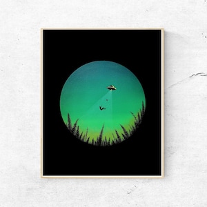 Round Art Print, UFO With Cat Art Print, Space Ship Artwork, Alien Art, Surreal Artwork, Flying Saucer,  Science Fiction, UFO Abduction Man