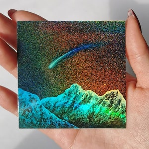 Sticker holografische bergen, glanzende kleurverschuivende vinylsticker, vallende stersticker, sticker nachtelijke hemel, laptopsticker, cadeau onder de 5