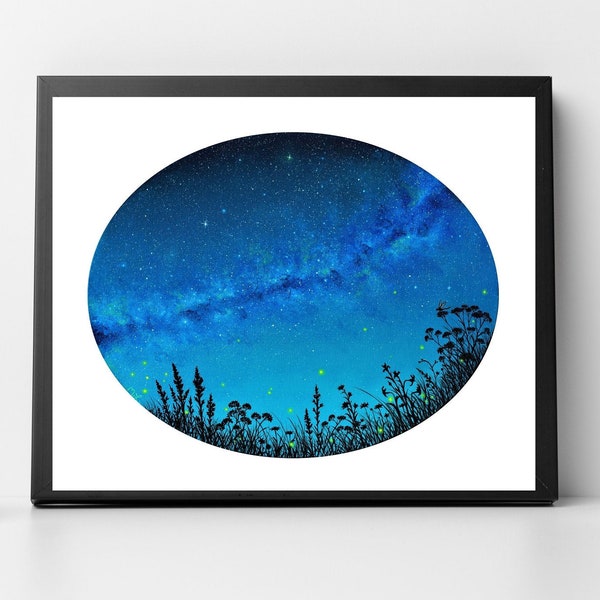 Fireflies Art Print, Field of Fireflies, Dreamy Night Sky Painting, Astronomy Artwork, Celestial Fine Art Print, Custom Art Print, Milkyway