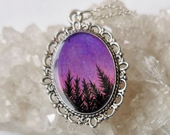 Hand Painted Forest Pendant, Victorian Style Necklace, Nature Jewelry, Oval Pendant Necklace, Forest Art Necklace, Woodland Sunset Pendant